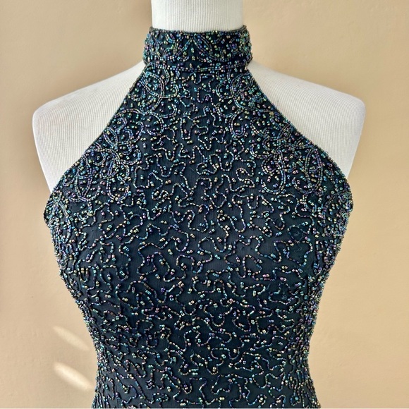 Vintage 90's Cache Black Silk Beaded Sequin Halter Gown Maxi Dress Size Large - Picture 10 of 16